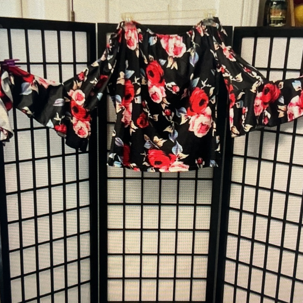 Floral Off-Shoulder Bell Sleeve Top - Black with Red Floral Print